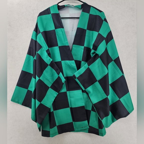 Demon Slayer Tanjirou Kamado Robe Unisex Green & Black Checkered Costume Small - Picture 2 of 11